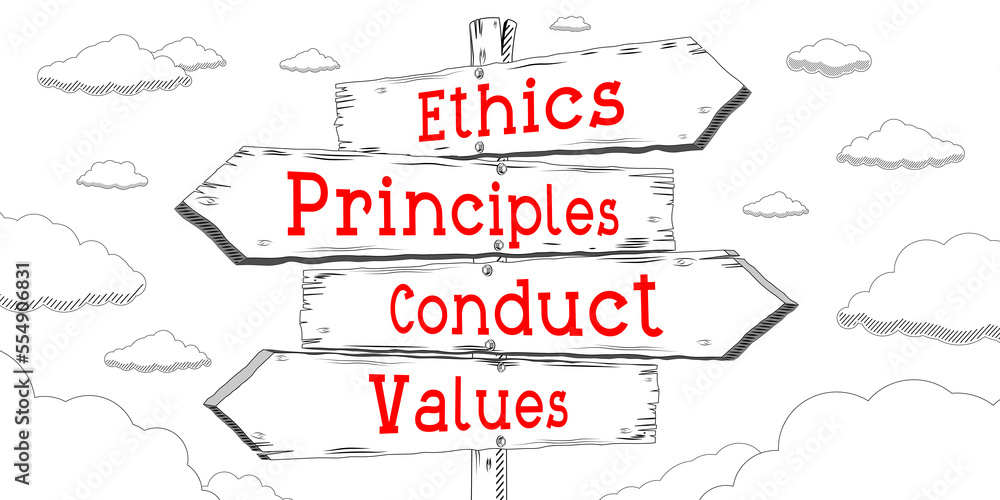 Obraz premium Ethics, principles, conduct, values - outline signpost with four arrows