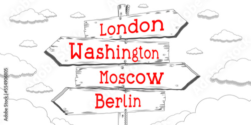 London  Washington  Moscow  Berlin - outline signpost with four arrows