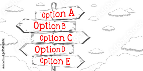 Option A, B, C, D, E - outline signpost with five arrows