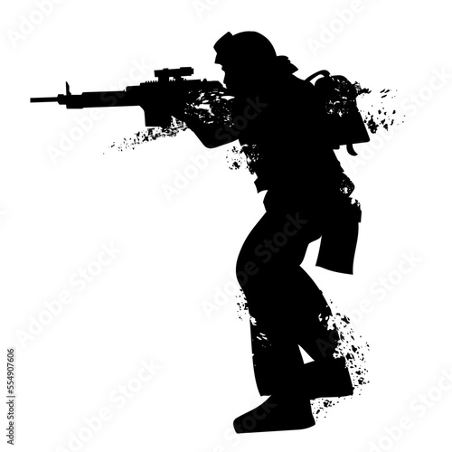 vector silhouette of a soldier in armor with a machine gun