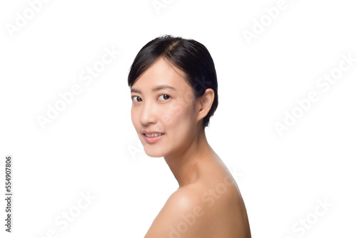 Portrait healthy pretty young woman isolated on white background. beautiful female model person applying cosmetic cream for skincare on fresh makeup clean face. spa, treatment, wellness concept.