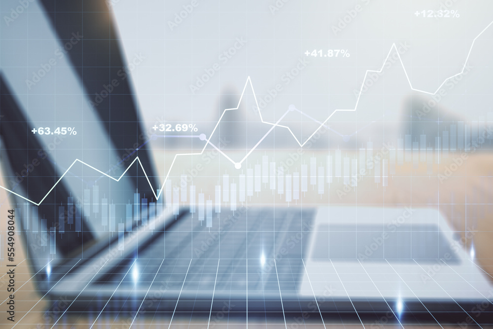 Double exposure of abstract creative financial chart on modern laptop background, research and strategy concept Double exposure of abstract creative financial chart on modern laptop background, research and strategy concept