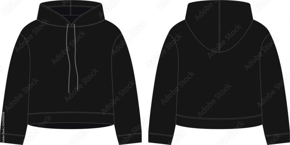 Women crop hoodie technical sketch. Black color. CAD mockup template ...