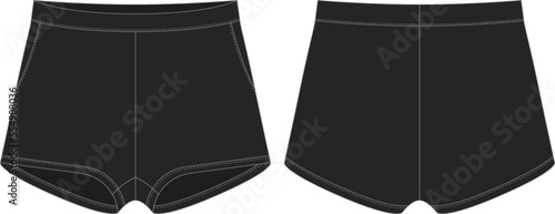 Blank shorts pants technical sketch design template. Black color. Casual shorts with pockets.
