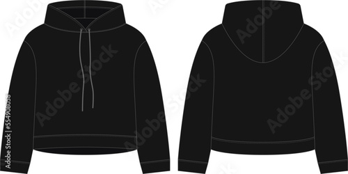 Women crop hoodie technical sketch. Black color. CAD mockup template hoody.