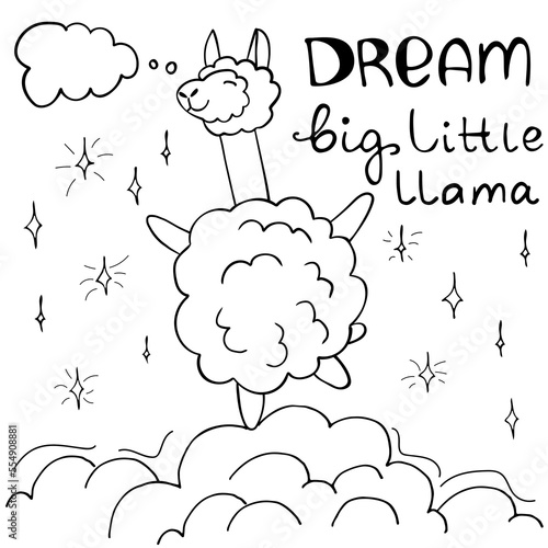 Hand drawn cute outline llama in the clouds isolated on white background. Dream big little llama. Perfect for coloring page, coloring book, print. Vector illustration.