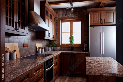 Beautiful kitchen in a modern house with granite countertops generative art