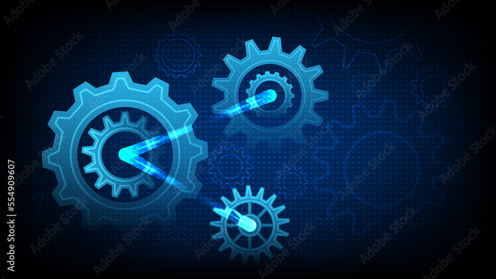 Gears background. Abstract blue futuristic graphic with cogs and wheels system.Hi-tech digital technology and engineering. Future technology vector concept. Illustration transmission steel cogwheel. 