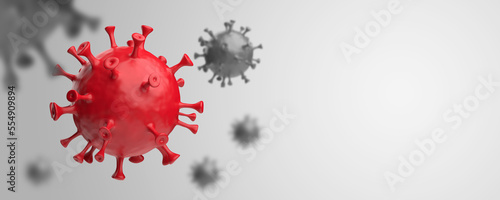Coronavirus 3D rendering copy space. Realistic Covid red on a gray background. Horizontal banner, poster, website header.