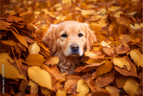 Golden retriever puppy in a pile of leaves generative art