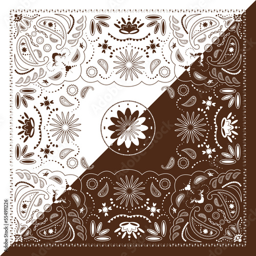 brown bandana kerchief paisley fabric patchwork abstract vector seamless pattern.