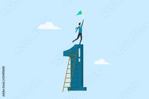 Success businessman climb up ladder of #1, success to the top and holding winning flag, mission accomplish and big achievement