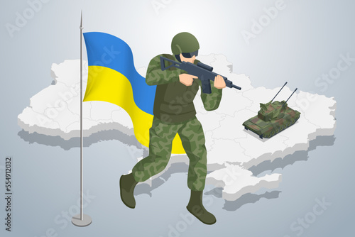 Isometric Ukrainian soldier on the background of the map of Ukraine and the national frag. Special Forces Soldier Police, Swat Team Member. Army, military and people concept