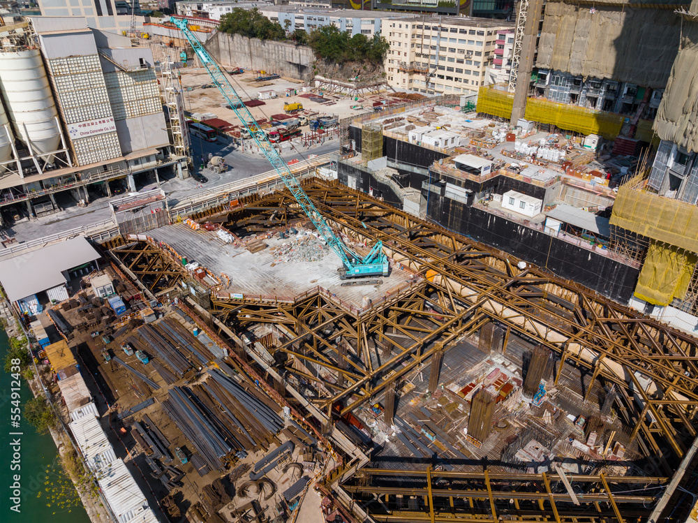 Top down view of construction site in Hong Kong city