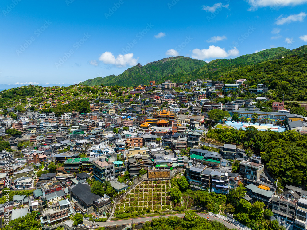 Fototapeta premium Aerial view Taiwan Jiufen village on the mountain