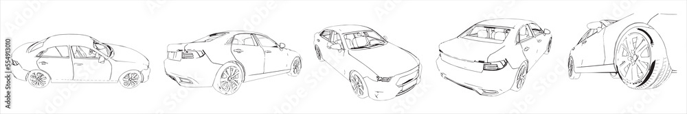 Vectorconceptual set or collection of an urban car sketches from different perspectives as a metaphor for transportation and travel, independence, flexibility and freedom, privacy and safety