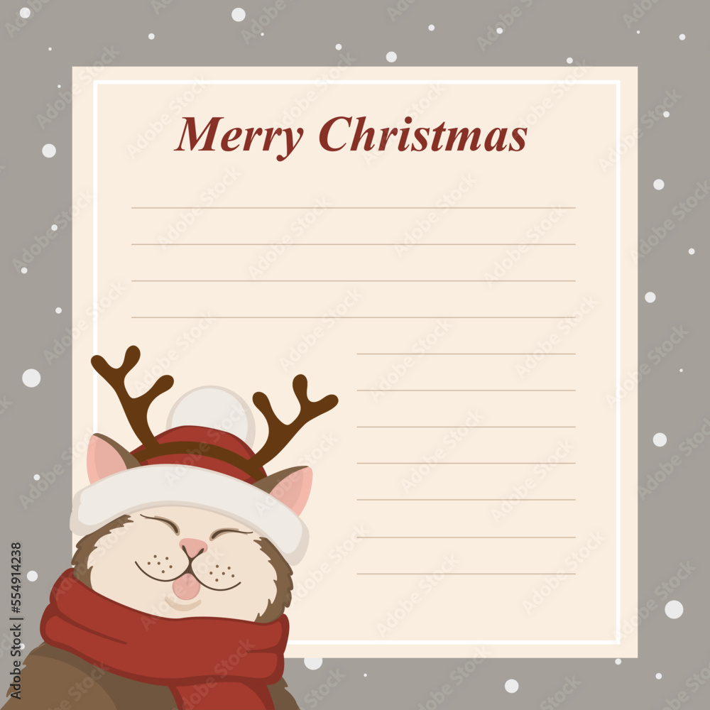 Template for a letter with illustration of a cat in a Santa hat and deer hooves. Happy New Year, Merry Christmas and Happy Holidays card. Template for a letter with illustration of a cat in a Santa hat and deer hooves. Happy New Year, Merry Christmas and Happy Holidays card.