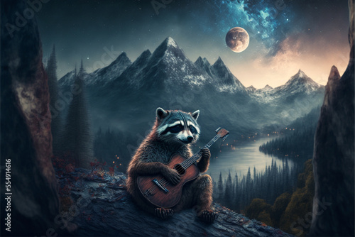 raccon with a guitar in the mountains photo