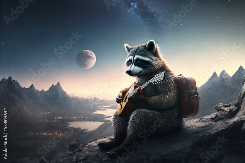 raccon with a guitar in the mountains photo