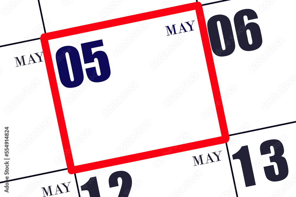 Daily calendar for 5 May. Spring month, day of the year concept. Daily calendar for 5 May. Spring month, day of the year concept.