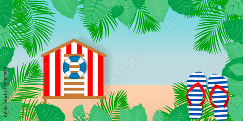 Beach hut and striped flip-flops on the seacoast. Color beach cabin in the palm leaves frame. Summer vacation landscape