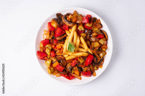 stewed vegetables with mushrooms and potatoes. on a white background