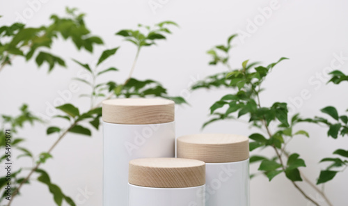empty three wooden podium texture with tree branch fresh green leaf on white space background.organic healthy natural product present scene promotion show display,spring banner concept design.