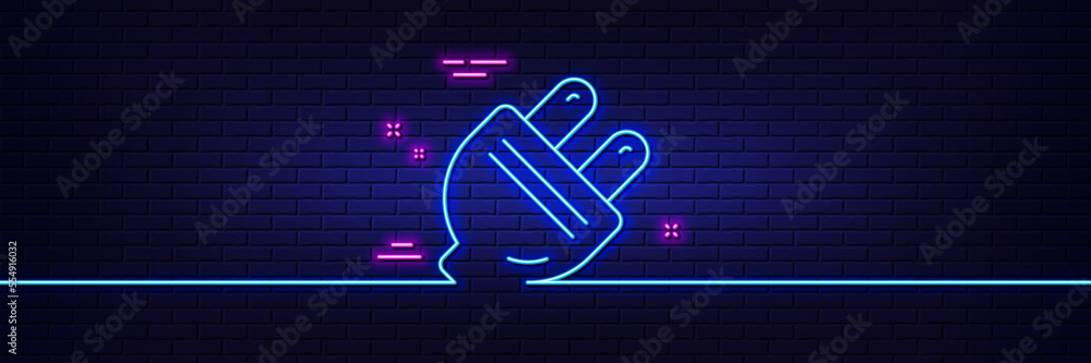 Neon light glow effect. Electric plug line icon. Energy sign. Electricity power symbol. 3d line neon glow icon. Brick wall banner. Electric plug outline. Vector Neon light glow effect. Electric plug line icon. Energy sign. Electricity power symbol. 3d line neon glow icon. Brick wall banner. Electric plug outline. Vector