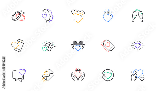 Love line icons. Gift box, Heart and Romantic letter. Wedding rings, glasses with champagne, love heart icons. Linear set. Bicolor outline web elements. Vector