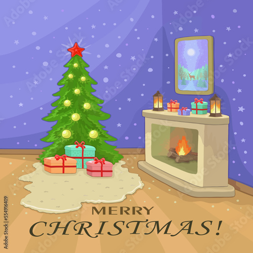 A Christmas tree with a star, toys and gift boxes, as well as a fireplace with a lit fire and a picture on a purple background with stars and the inscription "Merry Christmas".  Vector illustration.