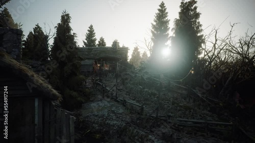 Camera is panning in an ancient medieval village in backlight