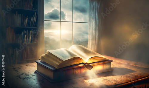 Fotografia, Obraz A mysterious Bible placed on a table, sprinkled with a divine ray, in front of a beautiful horizon with dramatic colors