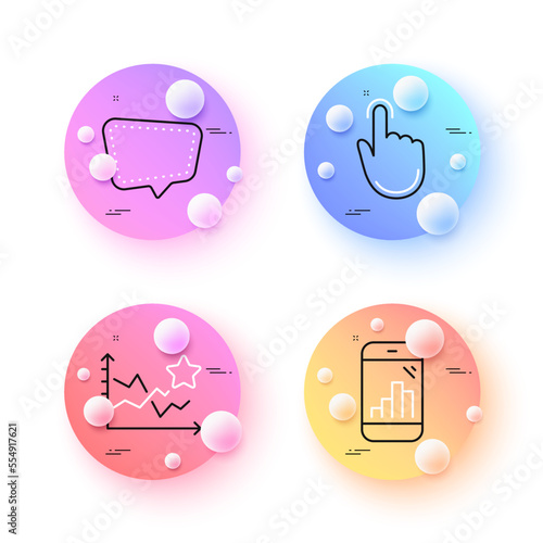 Hand click, Ranking stars and Chat message minimal line icons. 3d spheres or balls buttons. Graph phone icons. For web, application, printing. Location pointer, Winner results, Speech bubble. Vector