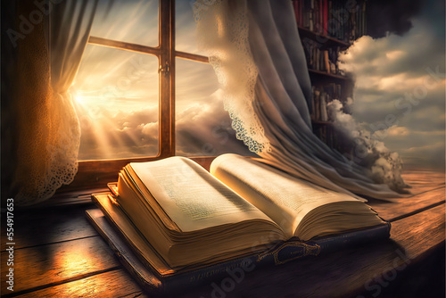 A magic book or bible placed on a table, with a landscape of incredible clouds, intense colors, illuminated by a divine ray. The mystery of the sacred through a magical image.