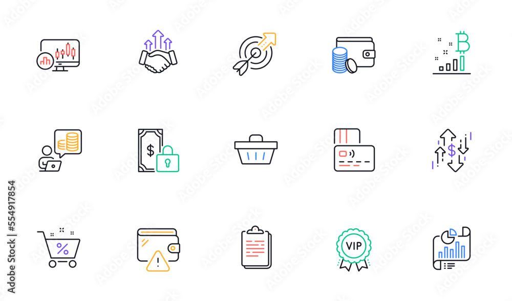 Deal, Dollar rate and Report document line icons for website, printing. Collection of Candlestick chart, Budget accounting, Bitcoin graph icons. Wallet, Payment method, Target web elements. Vector Deal, Dollar rate and Report document line icons for website, printing. Collection of Candlestick chart, Budget accounting, Bitcoin graph icons. Wallet, Payment method, Target web elements. Vector