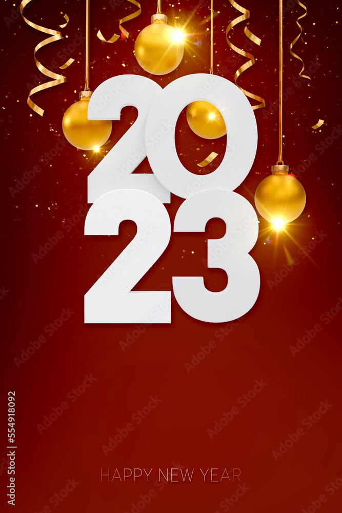 Happy new year 2023. White numbers with golden Christmas decoration and confetti on red background,3D rendering.