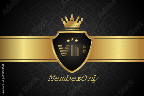 luxury gold and black premium vip card for club members only, golden shield with ribbon