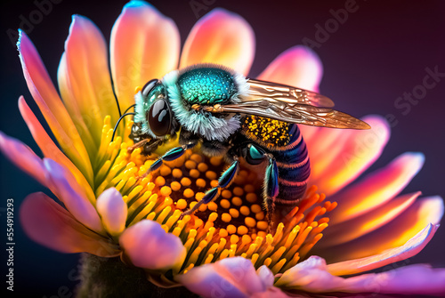 Close-up of a bee landing on a flower for pollination. Bees pollinate plants and make honey. digital art