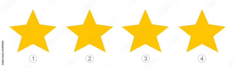 Set of 4 gold star icons for rating isolated on white background. Vector, 2023 Set of 4 gold star icons for rating isolated on white background. Vector, 2023