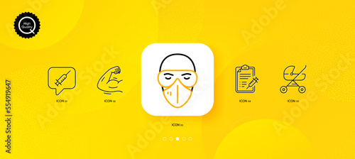 Strong arm, Vaccine message and Baby carriage minimal line icons. Yellow abstract background. Medical mask, Vaccine report icons. For web, application, printing. Vector