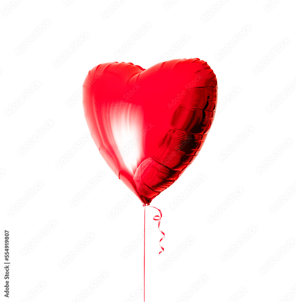 One beautiful big red heart shaped balloon with ribbon isolated on a white background. Beautiful birthday party gift. Floating object. Inflatable ball by helium gas. Valentines day gift. Love symbol One beautiful big red heart shaped balloon with ribbon isolated on a white background. Beautiful birthday party gift. Floating object. Inflatable ball by helium gas. Valentines day gift. Love symbol