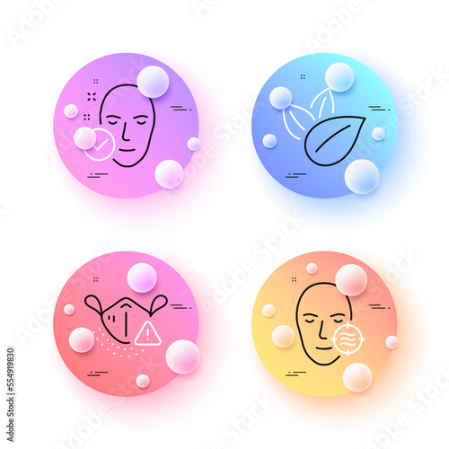 Health skin, Organic product and Problem skin minimal line icons. 3d spheres or balls buttons. Medical mask icons. For web, application, printing. Clean face, Leaves, Facial care. Vector