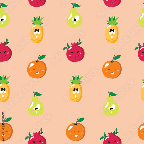 Cute seamless pattern with cartoon fruits and berries - orange  pear  pineapple and pomegranate. Vector illustration for cards  posters  flyers  webs and other use.