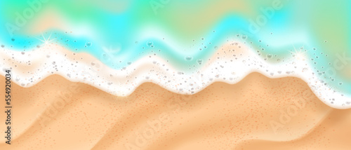 Beach wave top view, vector sea foam, soft sandy background, 3D summer ocean texture border. Aerial shore horizontal scene, travel tropical holiday banner, realistic froth. Beach foam tropical clipart