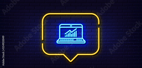 Neon light speech bubble. Data Analysis and Statistics line icon. Report graph or Chart sign. Computer data processing symbol. Neon light background. Online statistics glow line. Vector