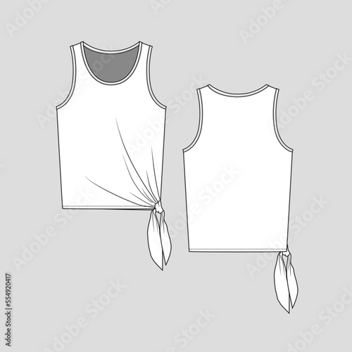 Side Knotted Hem Tank Top  Crew Neck knot tie  fashion flat sketch technical drawing template design vector