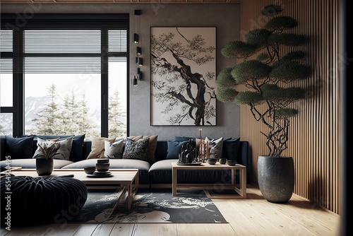 Cozy japandi interior design with a bonsai tree photo