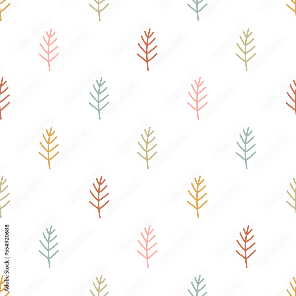 Stylized floral seamless vector pattern with cute fir tree twigs. Vintage hand drawn background for kids room decor, nursery art, gift, fabric, textile, wrapping paper, wallpaper, packaging, apparel.