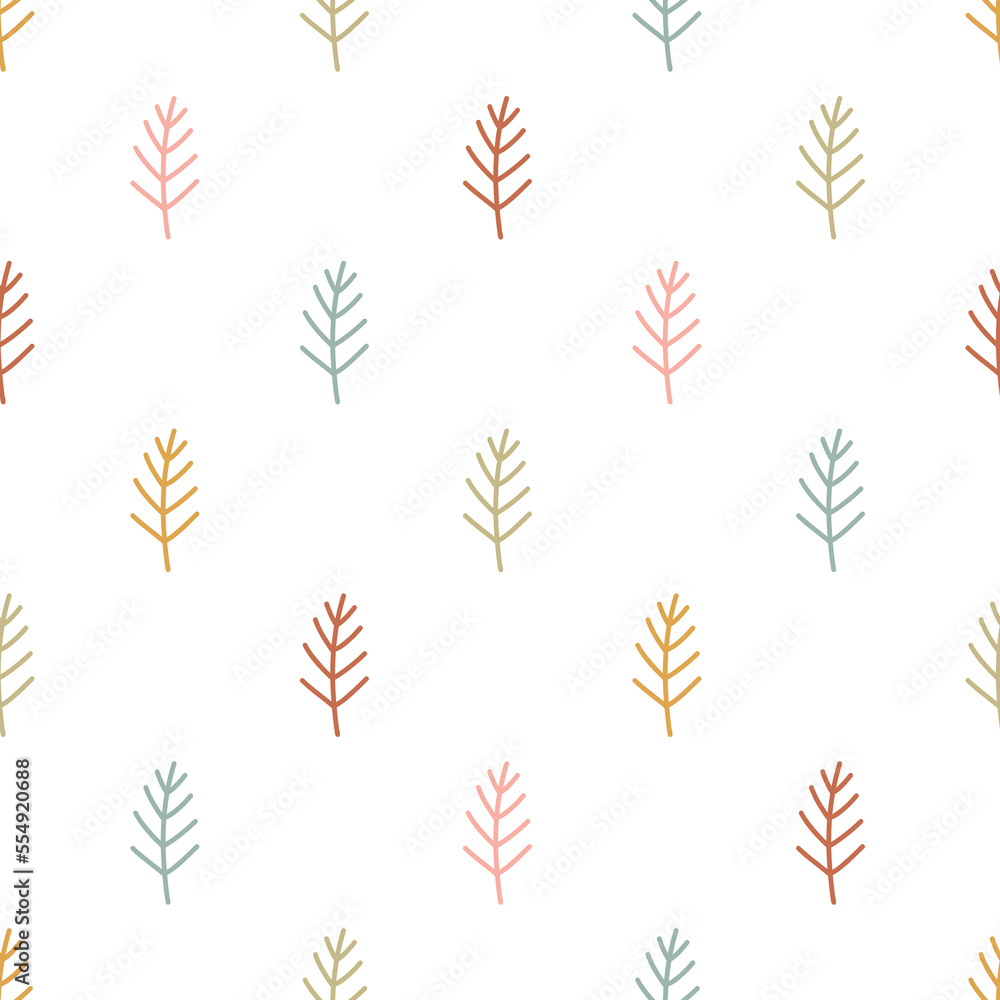 Stylized floral seamless vector pattern with cute fir tree twigs. Vintage hand drawn background for kids room decor, nursery art, gift, fabric, textile, wrapping paper, wallpaper, packaging, apparel. Stylized floral seamless vector pattern with cute fir tree twigs. Vintage hand drawn background for kids room decor, nursery art, gift, fabric, textile, wrapping paper, wallpaper, packaging, apparel.