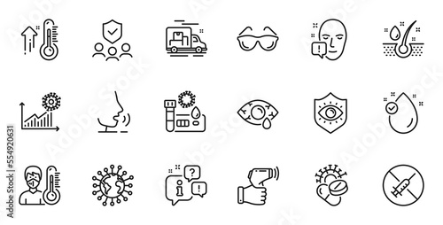 Outline set of Coronavirus, Electronic thermometer and Coronavirus pills line icons for web application. Talk, information, delivery truck outline icon. Vector